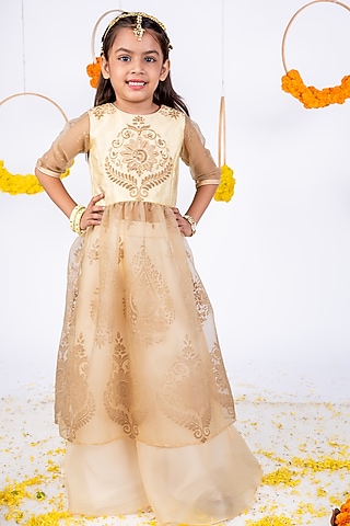 Beige Organza Hand Embellished Anarkali Set For Girls by Toplove