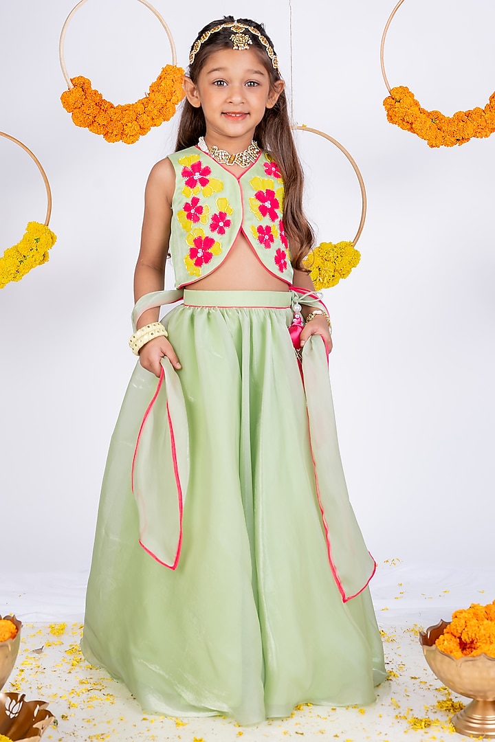 Leaf Green Organza Lehenga Set For Girls by Toplove at Pernia's Pop Up Shop