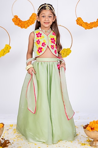 Leaf Green Organza Lehenga Set For Girls by Toplove