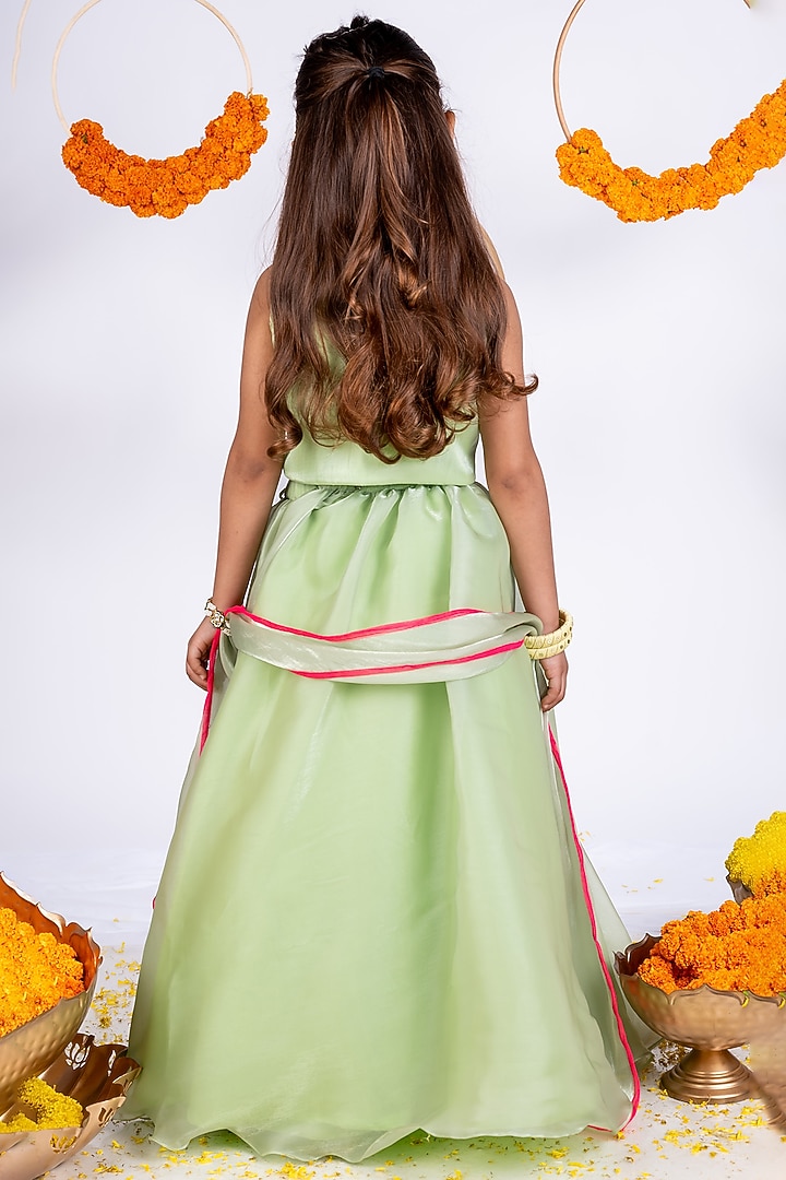 Leaf Green Organza Lehenga Set For Girls by Toplove at Pernia's Pop Up Shop