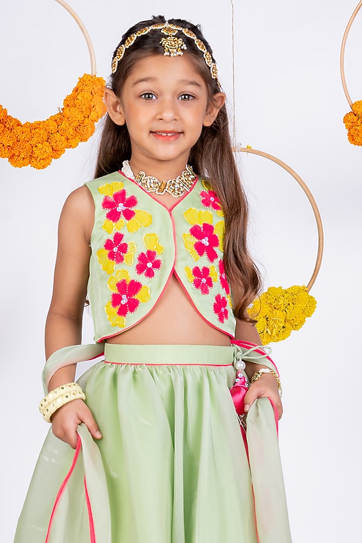 Leaf Green Organza Lehenga Set For Girls by Toplove at Pernia's Pop Up Shop