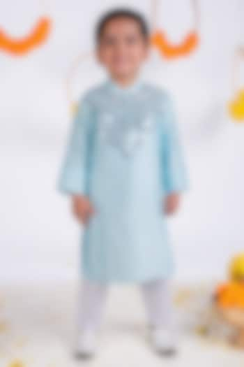 Powder Blue Cotton Silk Embellished Kurta Set For Boys by Toplove at Pernia's Pop Up Shop