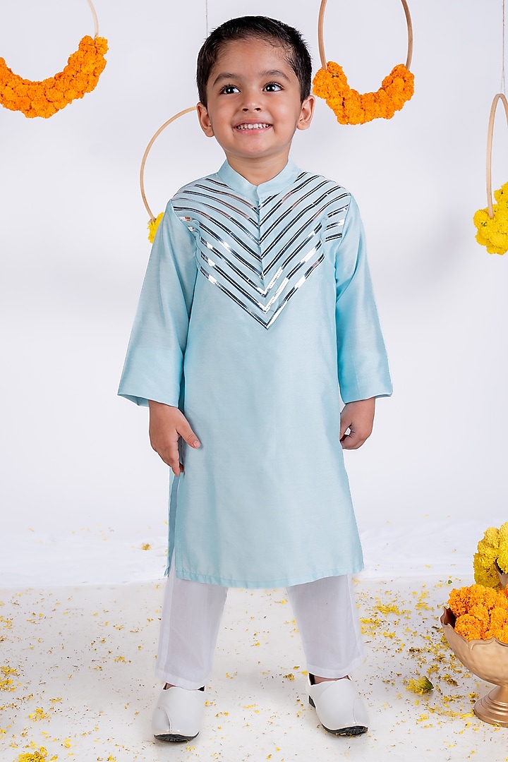 Powder Blue Cotton Silk Embellished Kurta Set For Boys by Toplove at Pernia's Pop Up Shop