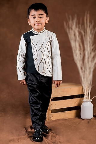 Black & White Dupion Hand Embellished Monochromatic Bandhgala Set For Boys by Toplove