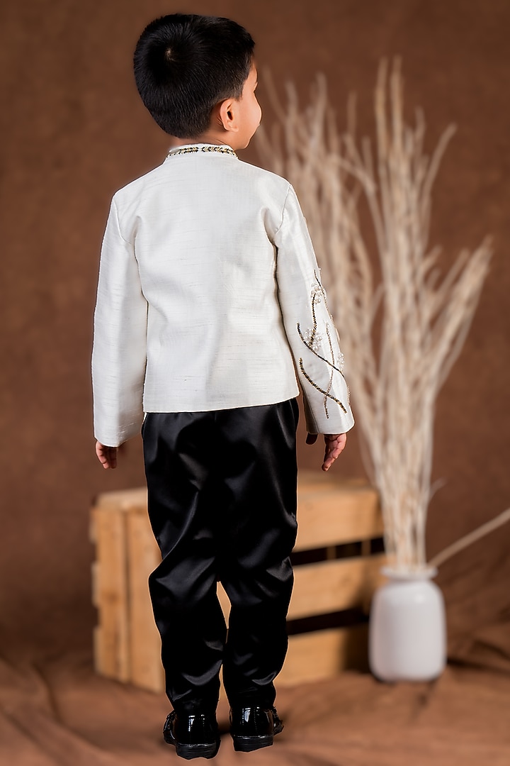 Black & White Dupion Hand Embellished Monochromatic Bandhgala Set For Boys by Toplove at Pernia's Pop Up Shop