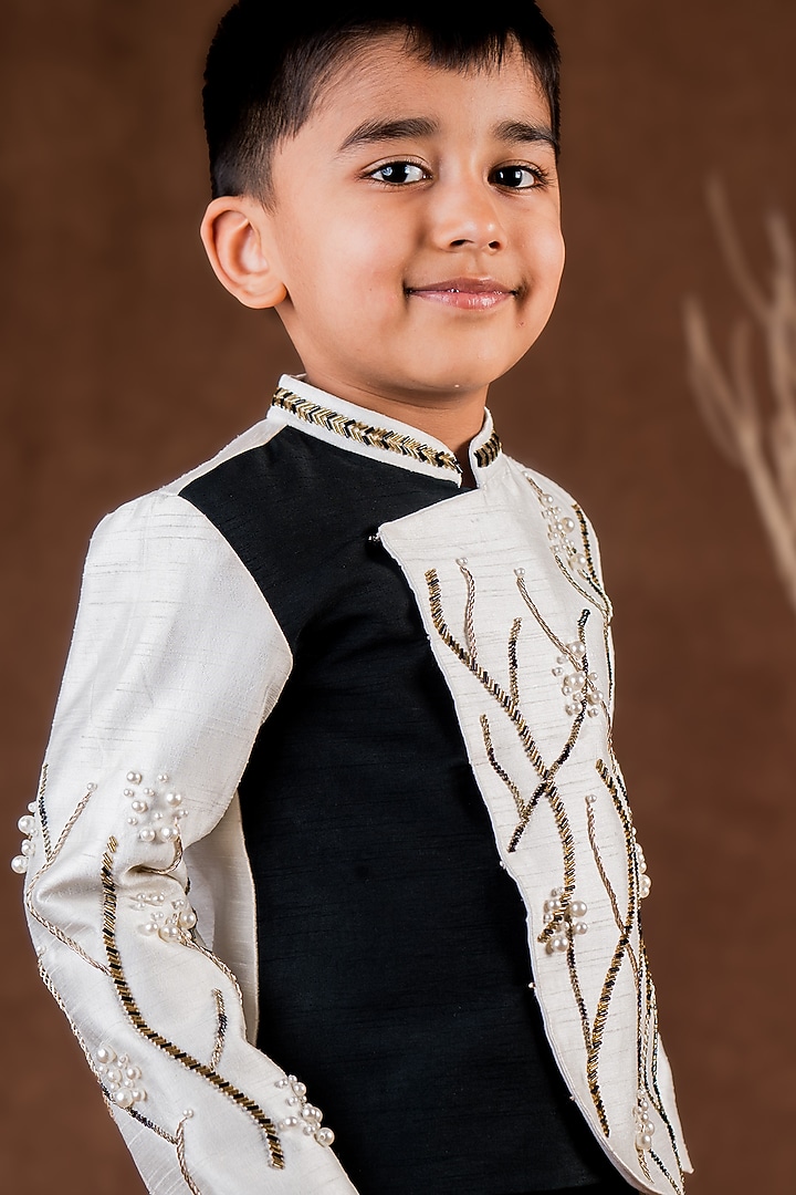 Black & White Dupion Hand Embellished Monochromatic Bandhgala Set For Boys by Toplove at Pernia's Pop Up Shop