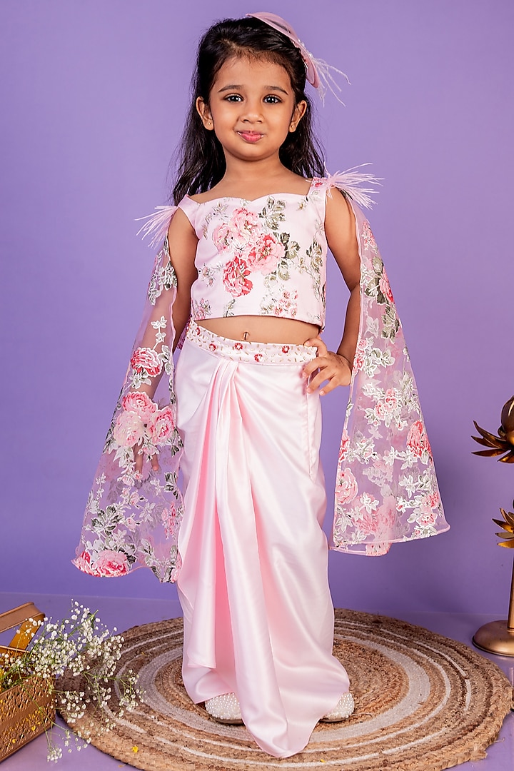 Pastel Pink Satin Dhoti Skirt Set For Girls by Toplove