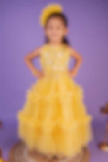 Marigold Yellow Butterfly Net Hand Embellished Gown For Girls by Toplove