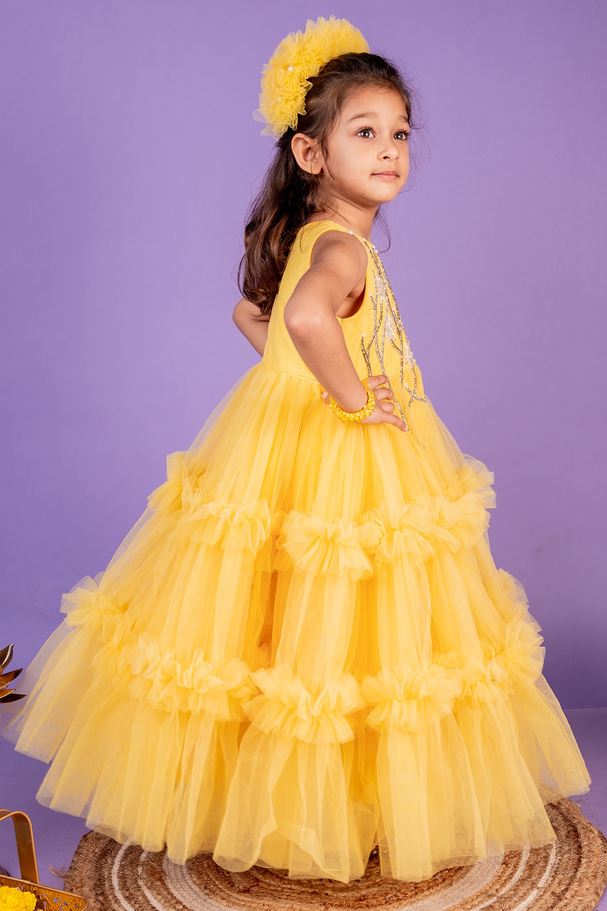 Shop Teen Girls Yellow Jacquard Art Silk Floor length Gown Festive Wear  Online at Best Price | Cbazaar