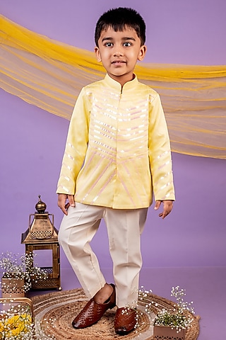 Pastel Yellow Dupion Silk Bandhgala Set For Boys by Toplove