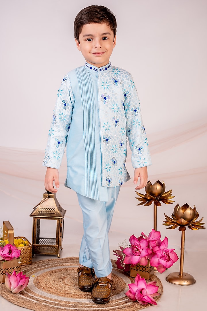 Powder Blue Cotton & Satin Hand Embroidered Bandhgala Set For Boys by Toplove