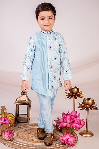 Powder Blue Cotton & Satin Hand Embroidered Bandhgala Set For Boys by Toplove