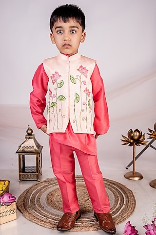 Peach Dupion Hand Embroidered Nehru Jacket Set For Boys by Toplove