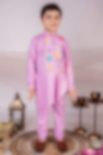 Mauve Cotton Floral Embroidered Draped Kurta Set For Boys by Toplove