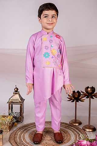 Mauve Cotton Floral Embroidered Draped Kurta Set For Boys by Toplove