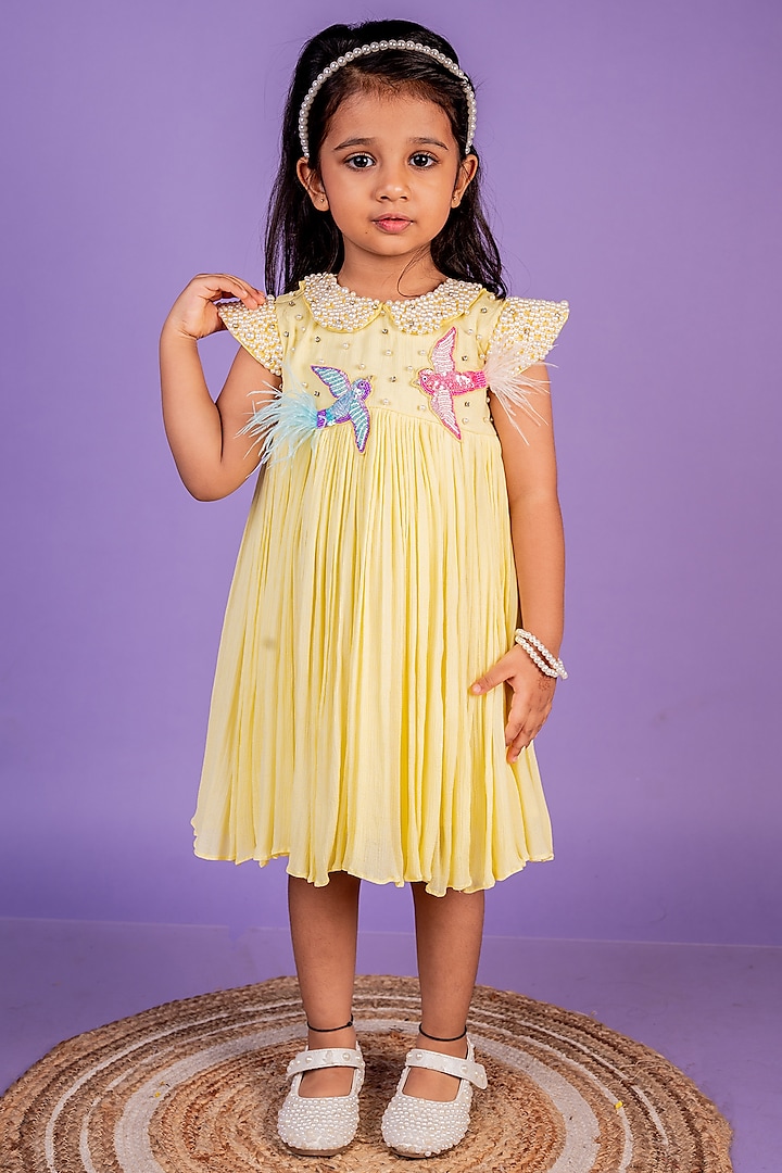 Lime Yellow Chiffon Hand Embroidered Dress For Girls by Toplove