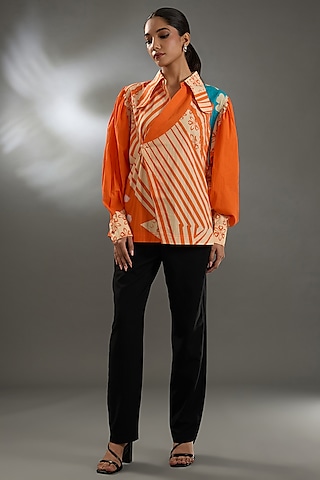 Orange Cotton Poplin Digital Printed Shirt by Two Point Two by Anvita Sharma