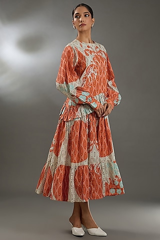 Orange & Off-White Cotton Poplin Digital Printed Dress by Two Point Two by Anvita Sharma