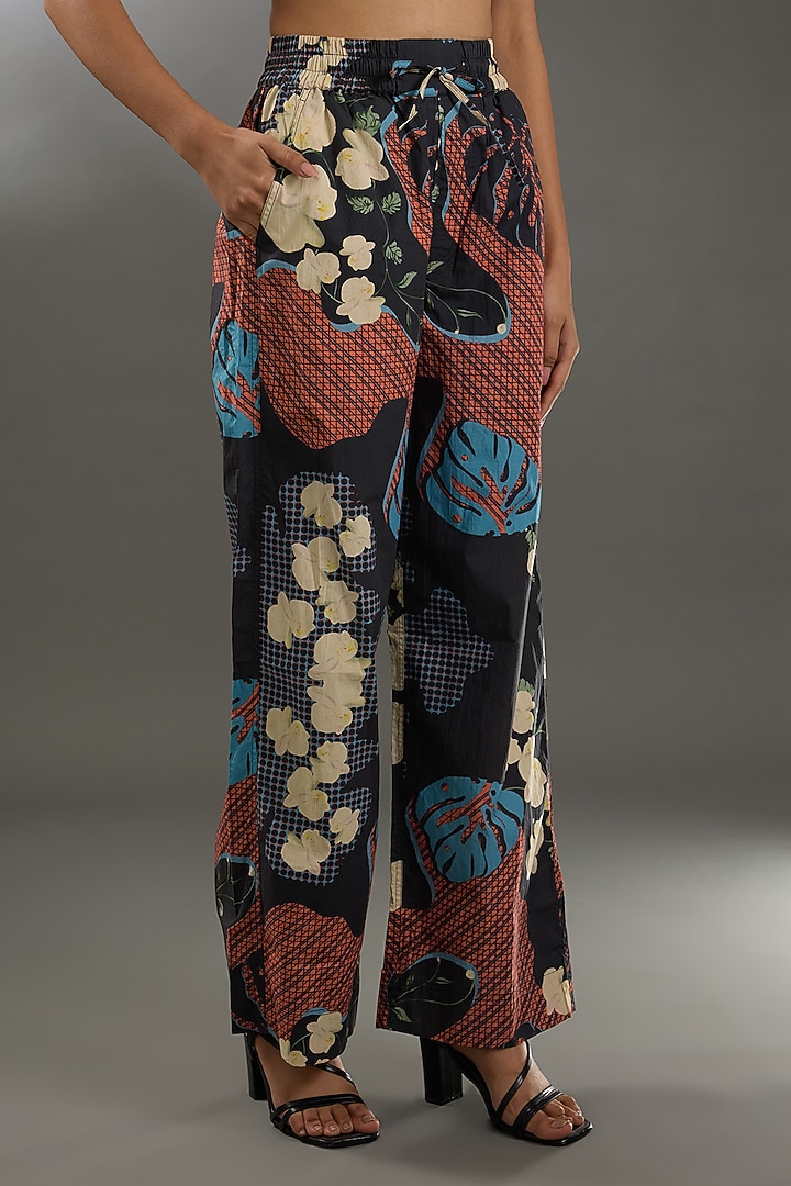 Black Cotton Poplin Digital Printed Pants by Two Point Two by Anvita Sharma at Pernia's Pop Up Shop
