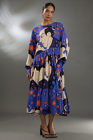 Violet Cotton Poplin Floral Digital Printed Midi Dress by Two Point Two by Anvita Sharma