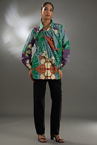 Green Cotton Poplin Digital Printed Shirt by Two Point Two by Anvita Sharma