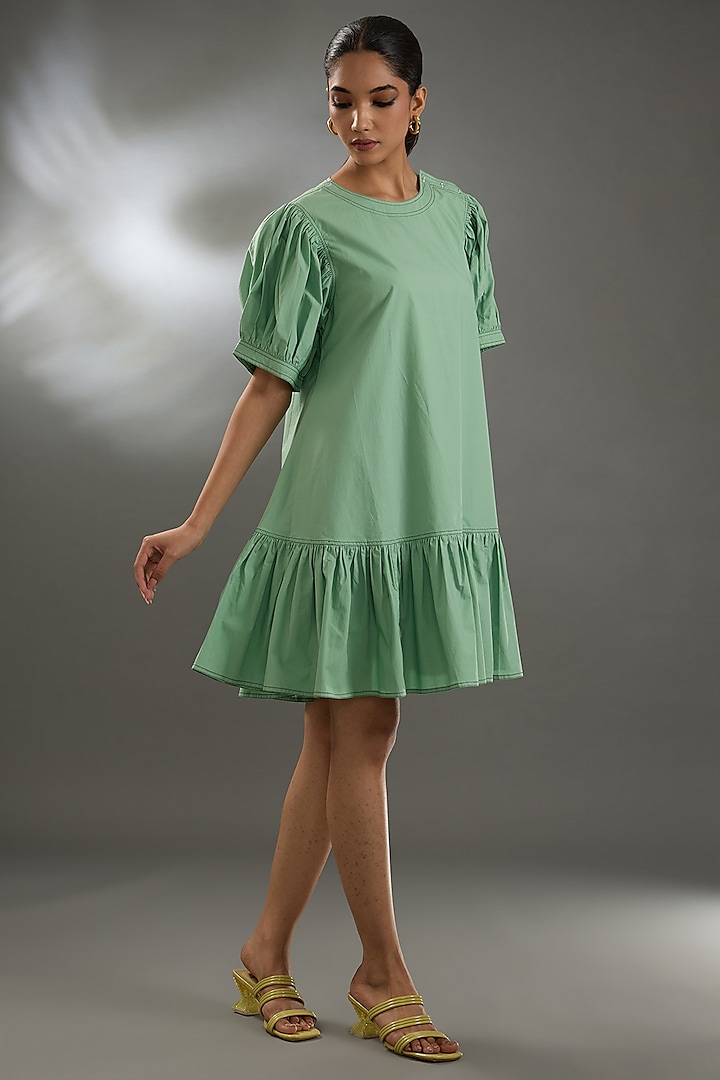 Green Cotton Poplin Mini Dress by Two Point Two by Anvita Sharma at Pernia's Pop Up Shop