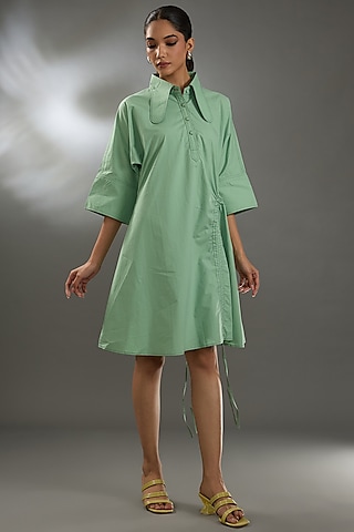 Green Cotton Poplin Mini Dress by Two Point Two by Anvita Sharma