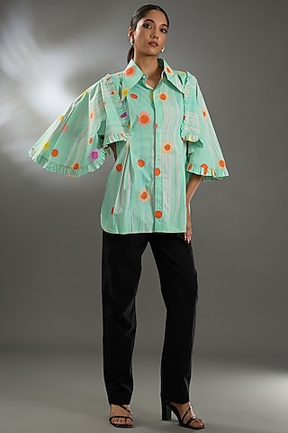 Light Blue Cotton Poplin Printed Shirt by Two Point Two by Anvita Sharma