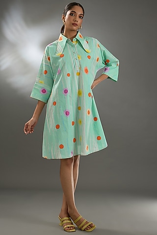 Light Blue Cotton Poplin Digital Printed Mini Dress by Two Point Two by Anvita Sharma
