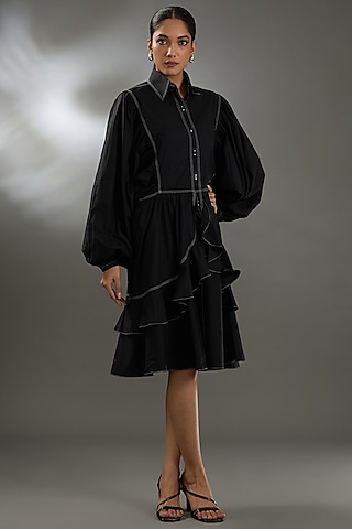 Black Cotton Poplin Midi Dress by Two Point Two by Anvita Sharma