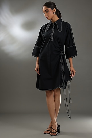 Black Cotton Poplin Mini Dress by Two Point Two by Anvita Sharma
