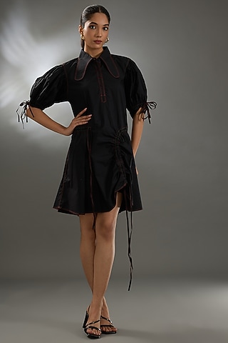 Black Cotton Poplin Mini Dress by Two Point Two by Anvita Sharma