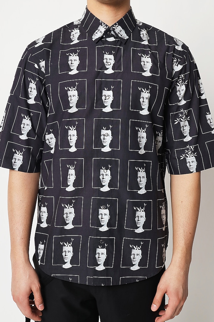 Black Cotton Digital Printed Shirt by Two Point Two