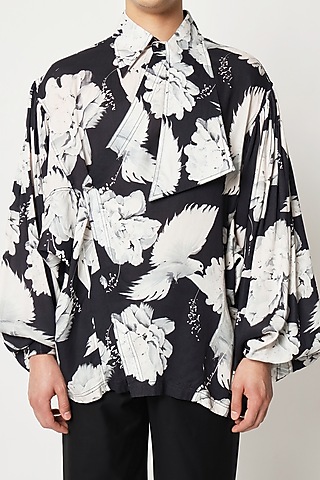 Black Cotton Floral Digital Printed Shirt by Two Point Two