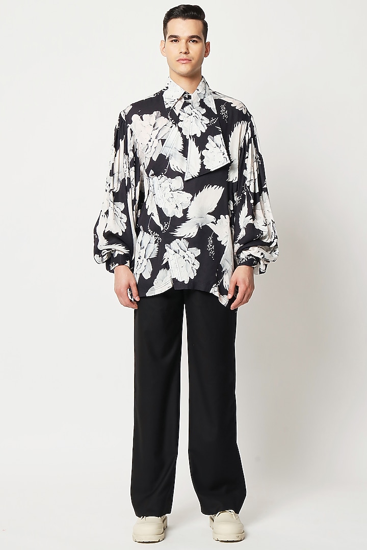 Black Cotton Floral Digital Printed Wedding Shirt by Two Point Two at Pernia's Pop Up Shop