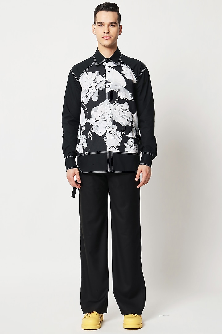 Black Cotton Floral Digital Printed  sagar Wedding Shirt by Two Point Two at Pernia's Pop Up Shop
