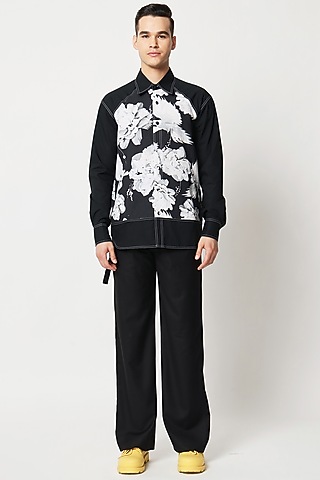Black Cotton Floral Digital Printed Shirt by Two Point Two