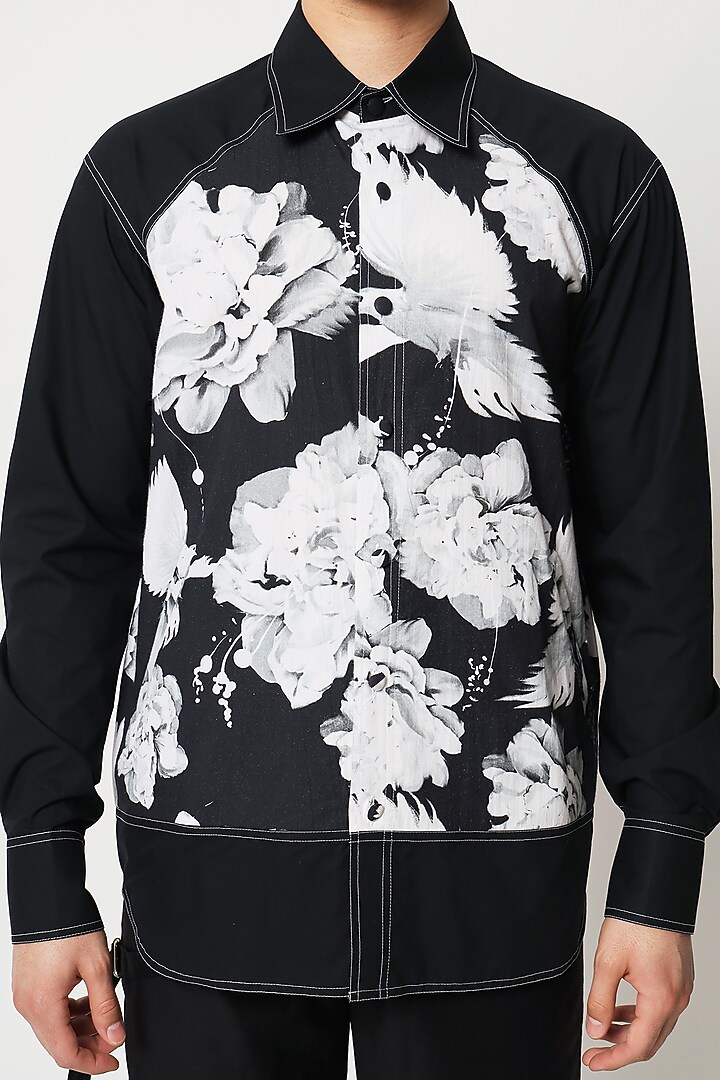 Black Cotton Floral Digital Printed Wedding Shirt by Two Point Two at Pernia's Pop Up Shop