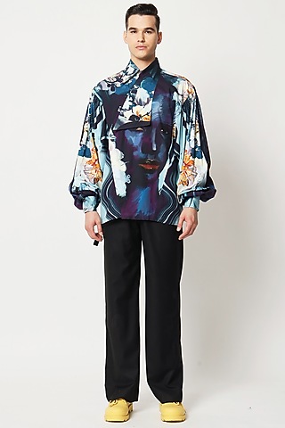 Blue Cotton Floral Printed Shirt by Two Point Two