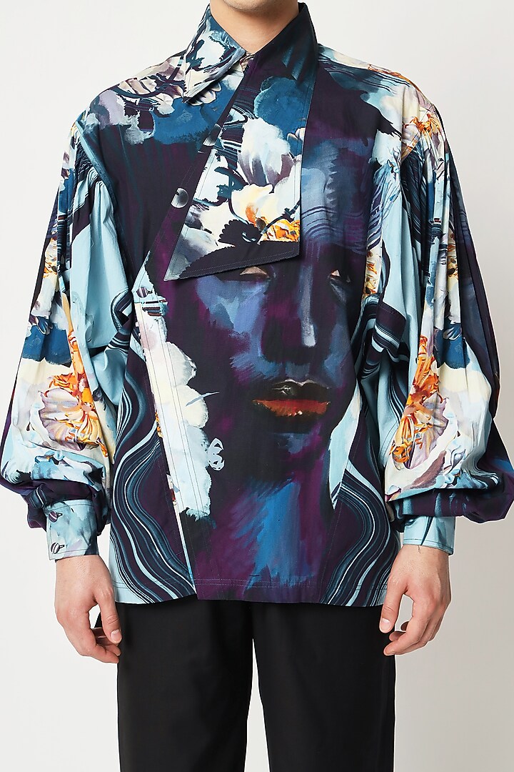 Blue Cotton Floral Printed Wedding Shirt by Two Point Two at Pernia's Pop Up Shop