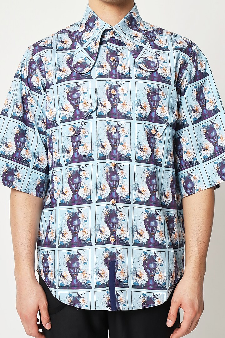 Blue Cotton Floral Printed Wedding Shirt by Two Point Two at Pernia's Pop Up Shop