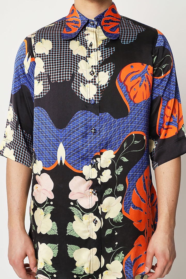 Blue Silk Digital Printed Wedding Shirt by Two Point Two at Pernia's Pop Up Shop