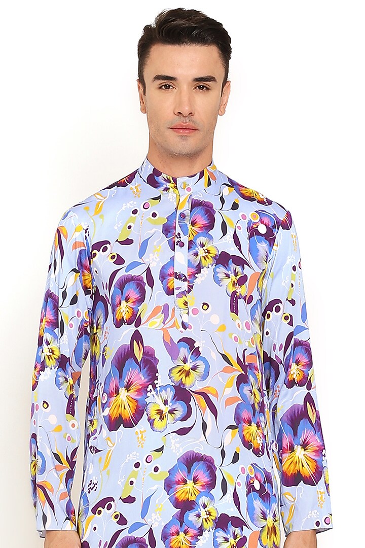Light Blue Cotton Floral Printed Kurta by Two Point Two at Pernia's Pop Up Shop
