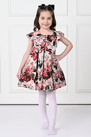 Cherry Red Jacquard Floral Printed Dress For Girls by The Pony & Peony Co
