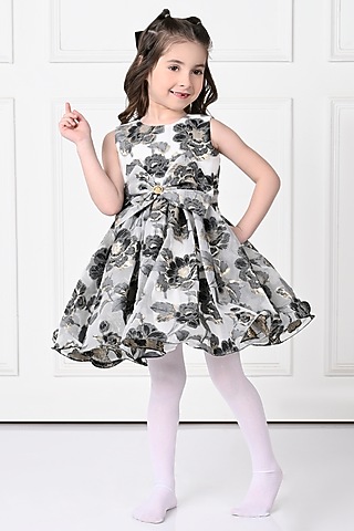 Off-White Organza Floral Printed Dress For Girls by The Pony & Peony Co