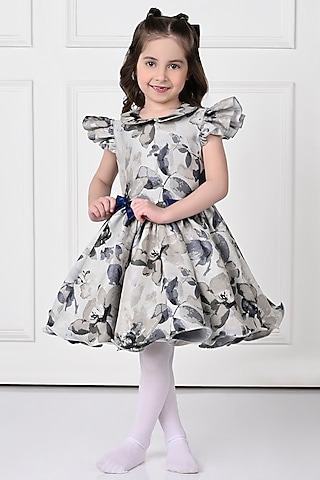 Off-White Jacquard Floral Printed Dress For Girls by The Pony & Peony Co