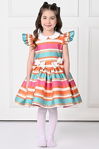 Multi-Colored Jacquard Striped Bow Dress For Girls by The Pony & Peony Co