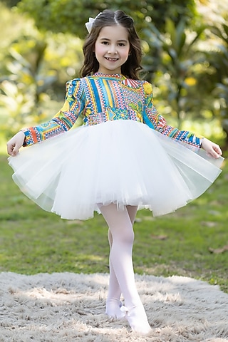 Multi-Colored Cotton & Net Dress For Girls by The Pony & Peony Co