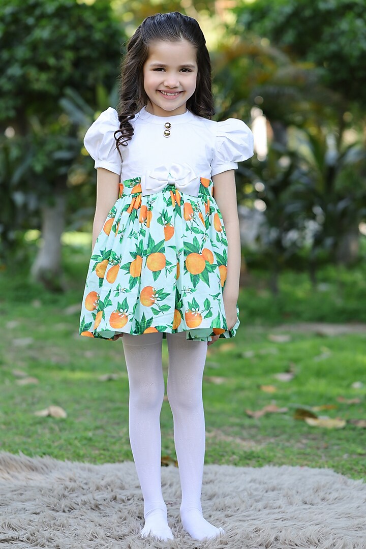 Green & Orange Cotton Dress For Girls by The Pony & Peony Co at Pernia's Pop Up Shop