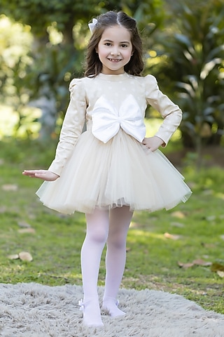 Beige Cotton Dress For Girls by The Pony & Peony Co